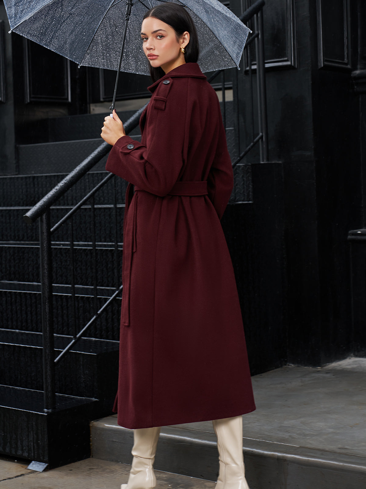 Şık Klasik Keten Uzun Kab Coat Shine Aura