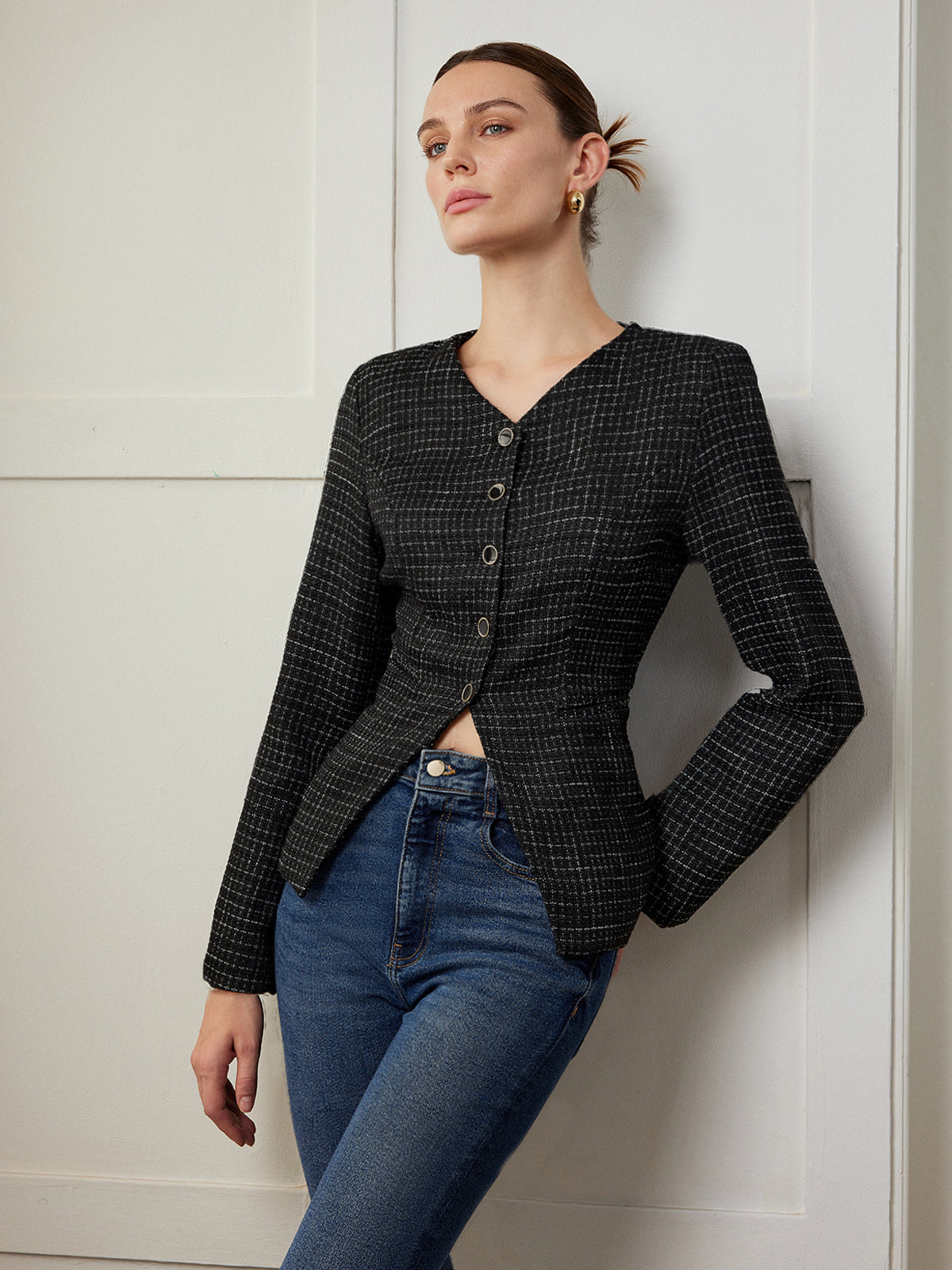 Şık Ekose Düğmeli Slim Fit Ceket Shine Aura