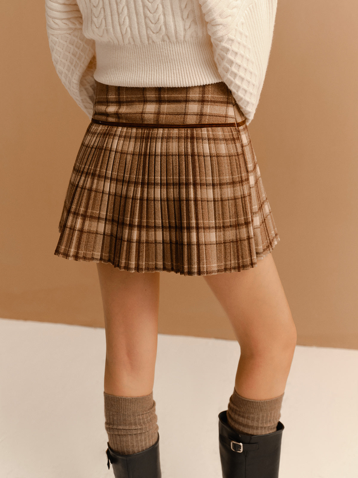 Şık Yüksek Bel Kareli Plise Mini Etek Shine Aura