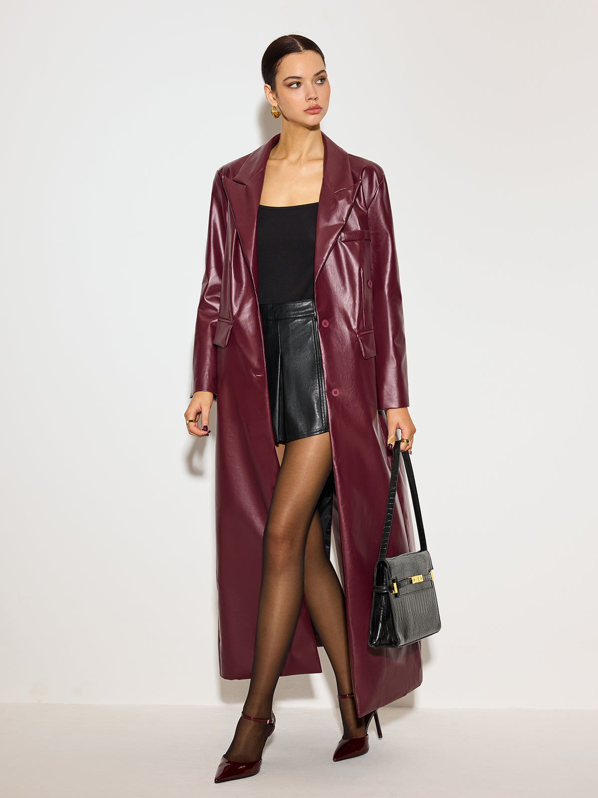 Şık PU Deri Düğmeli Ceket Shine Aura