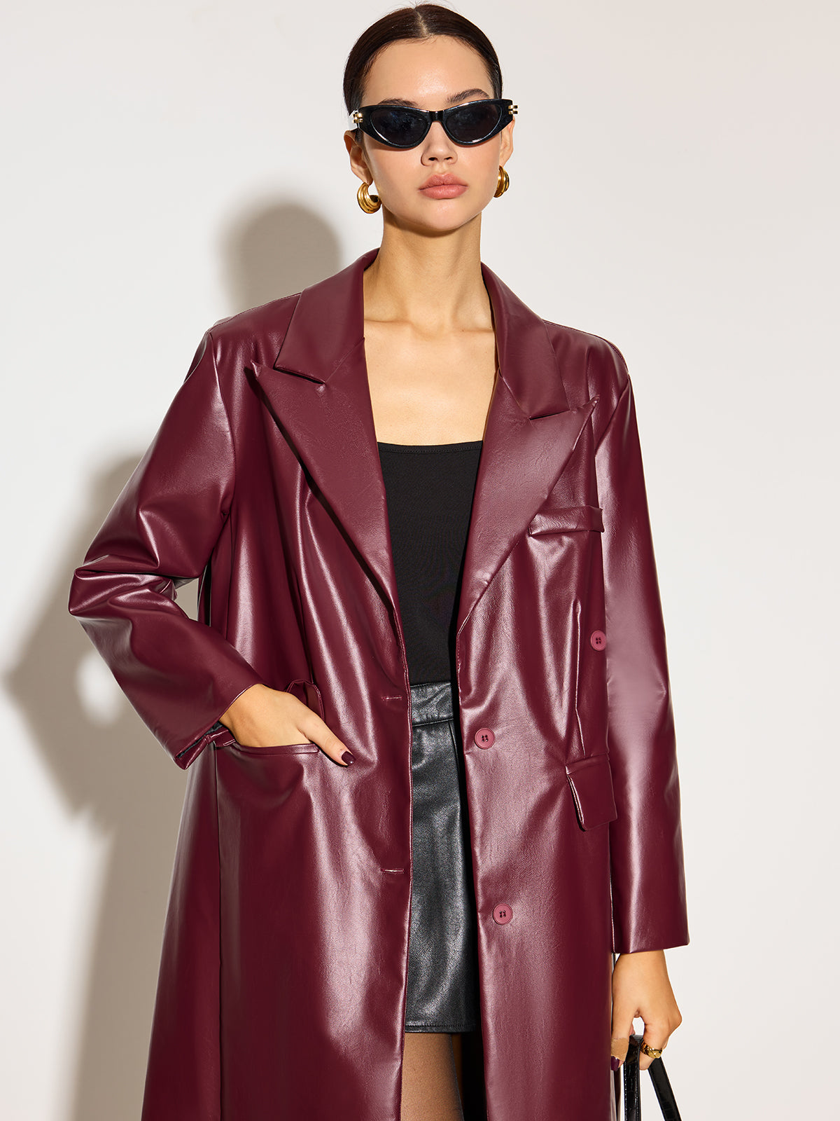 Şık PU Deri Düğmeli Ceket Shine Aura