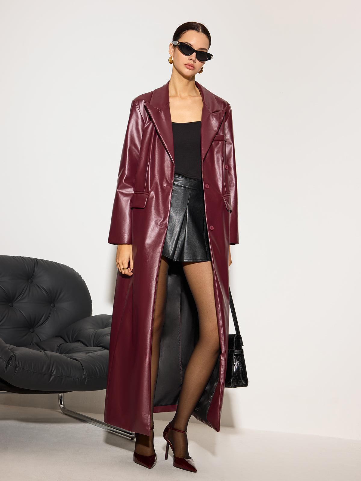 Şık PU Deri Düğmeli Ceket Shine Aura