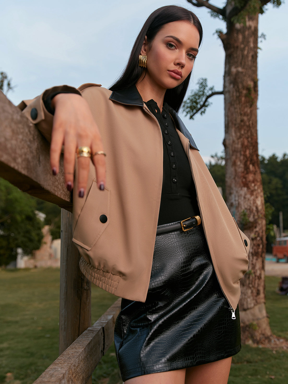 Şık Zıt Yaka Fermuarlı Ceket Shine Aura