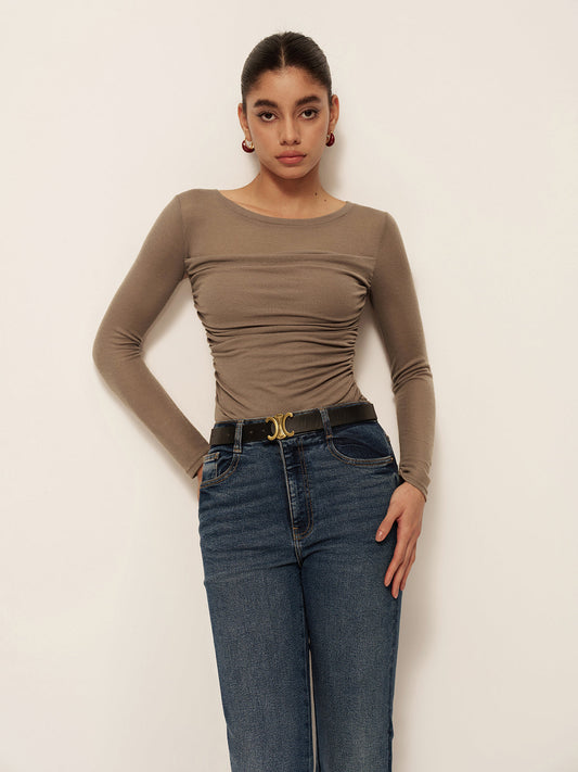 Şık Uzun Kollu Slim Fit Plise Tişört