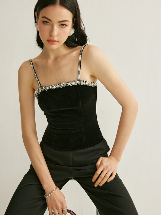 Işıltılı Rhinestone Kadife Korse Üst