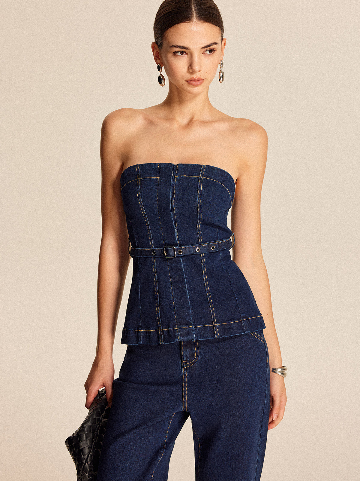 Şık Denim Askısız Bluz, Şık Bir Kemere Sahip