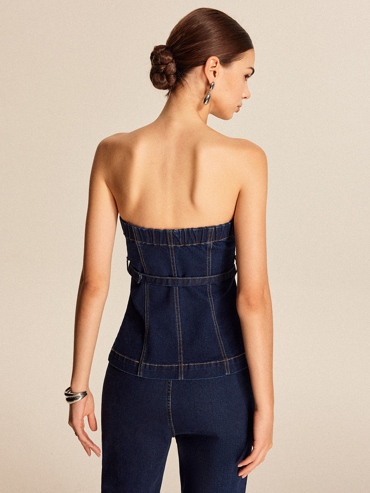 Şık Denim Askısız Bluz, Şık Bir Kemere Sahip