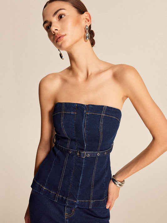 Şık Denim Askısız Bluz, Şık Bir Kemere Sahip