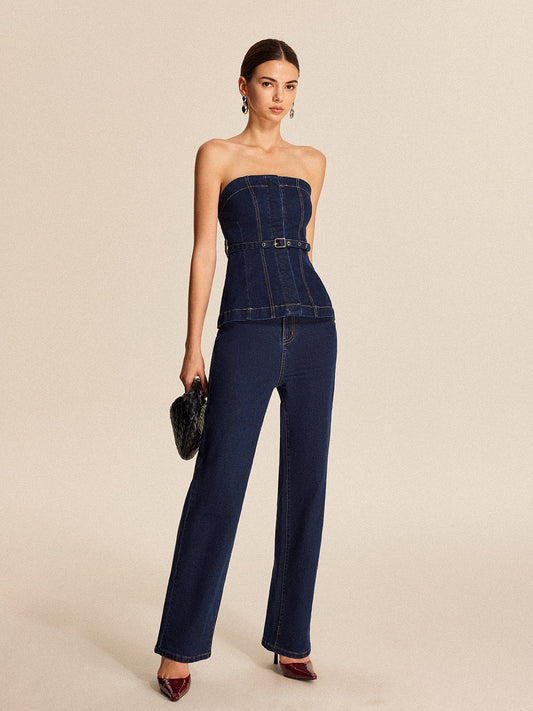 Şık Denim Düz Paça Pantolon, Trendy Kemer ile Birlikte