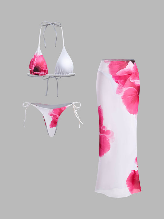 Cazip Çiçekli Bikini Seti, Şeffaf Etek ile Birlikte