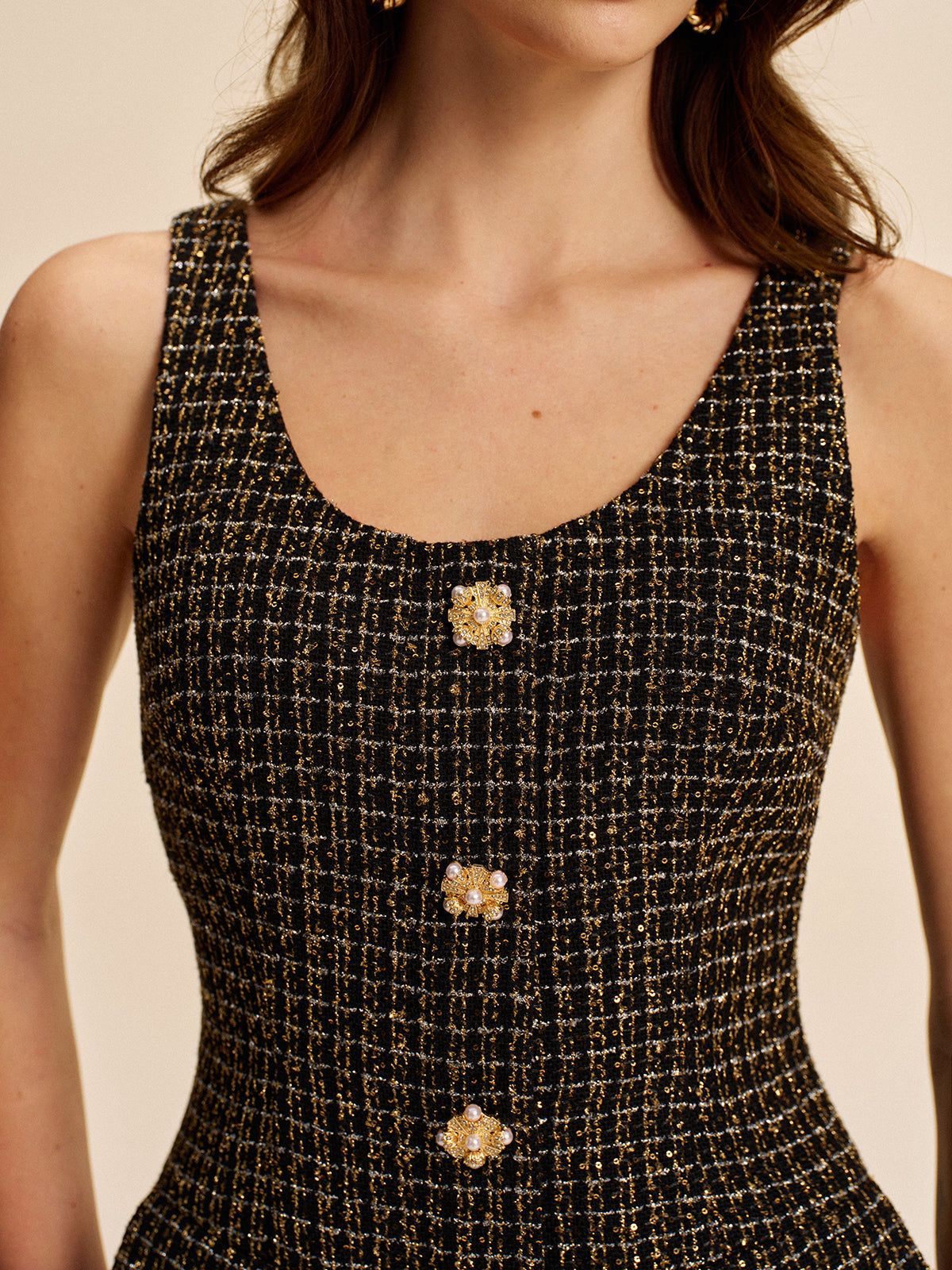 Şık Düğme Detaylı Kolsuz Tweed Elbise Shine Aura