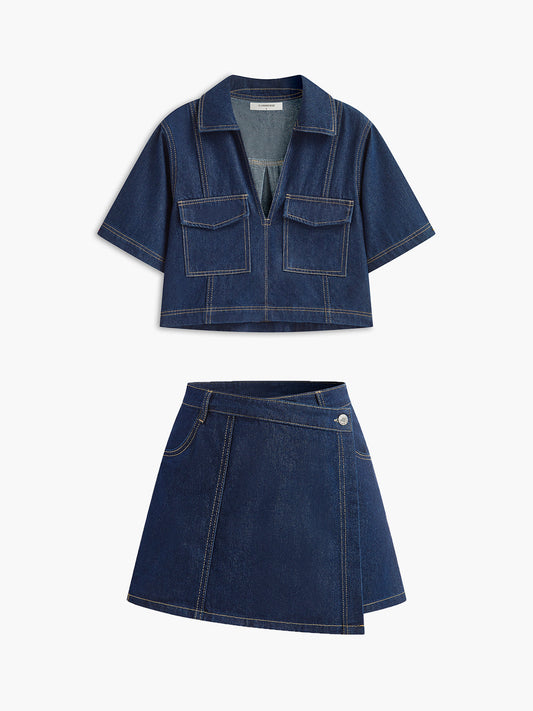 Şık Denim Kısa Takım Trendy Cep Detayı ile