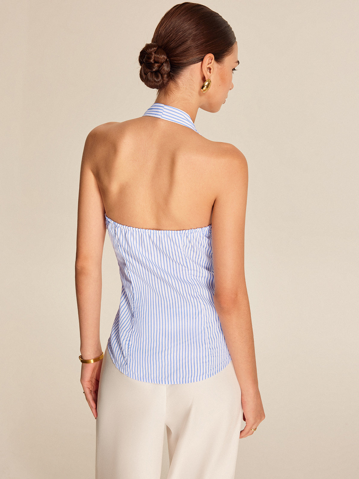 Şık Çizgili Halter Yaka Kravat Bluzu