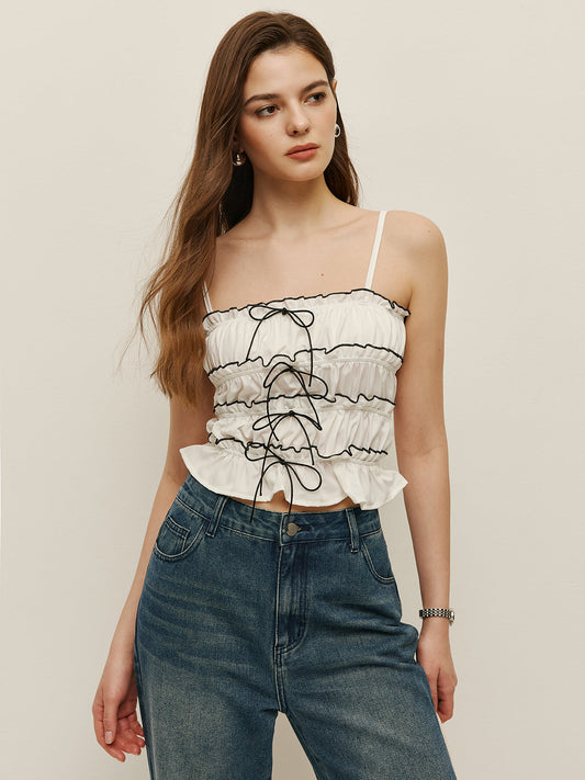 Şık Fıstık Dikişli ve Moda Kontrast Detaylı İnce Askılı Bluz