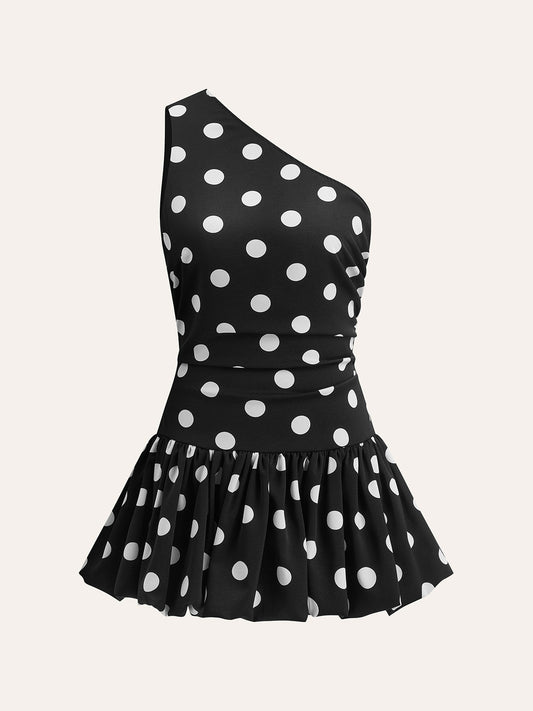 Şık Tek Omuzlu Puantiye Peplum Elbise ile Kolayca Şıklık Sağlayın