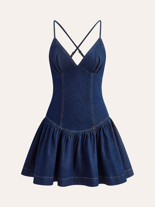 Şık X-Baskı Fırfırlı Denim Elbise