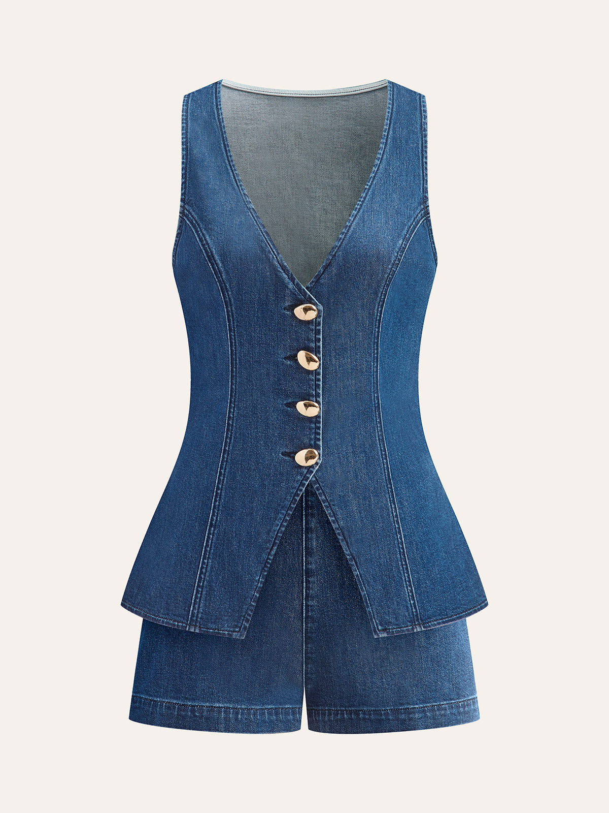 Şık Denim V Yaka Kısa Pantolon Takımı, Metal Düğmeli Bağlama Detayı ile