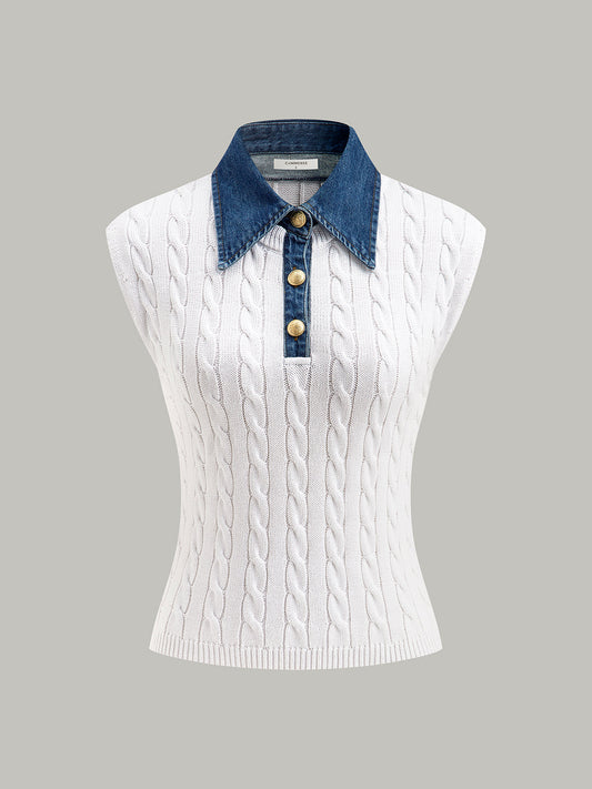Şık Yaka ile Tarzı Pamuk Denim Triko Üst