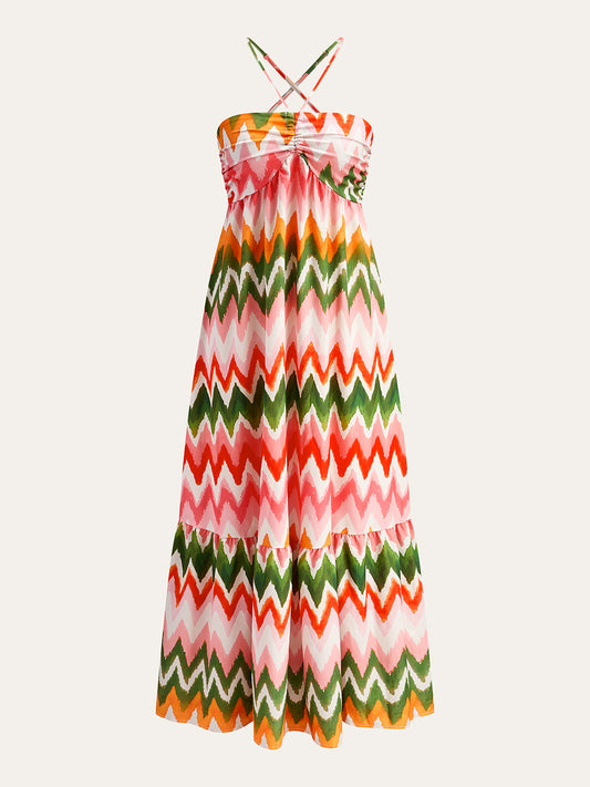 Boat Neck Dress with Zigzag Pattern and Gathered Effect