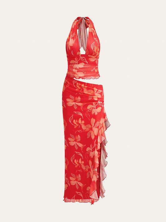 Yarım Şeffaf Çiçekli Halter Elbise